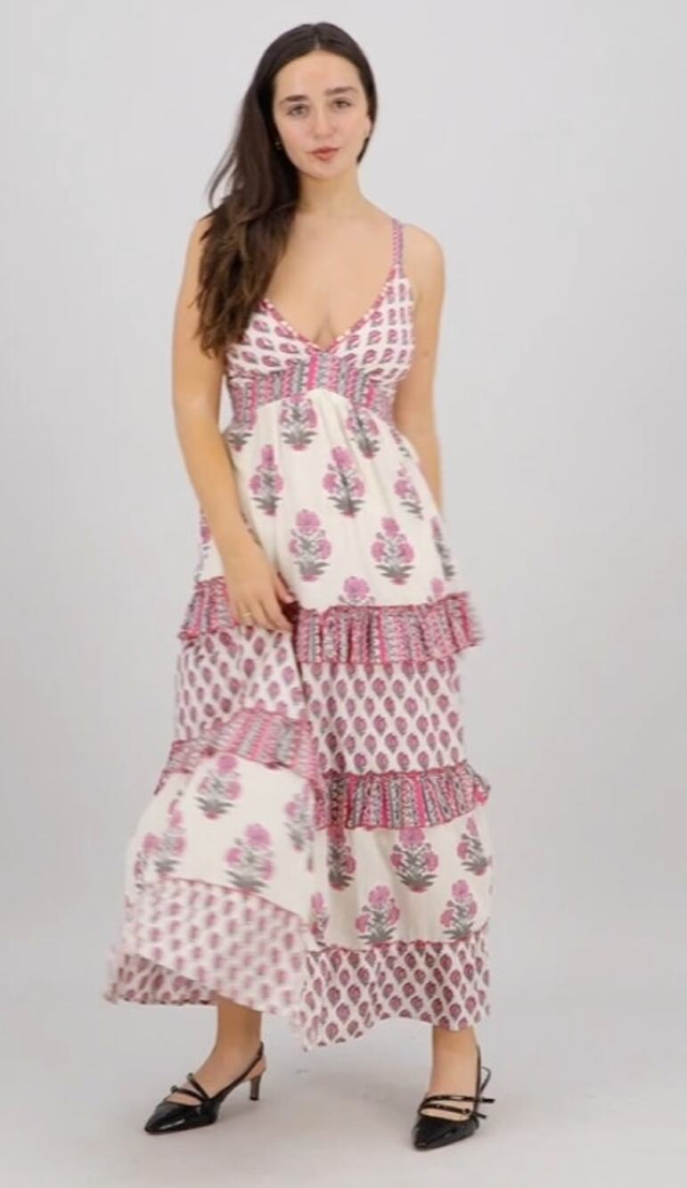 Ananta Saphira Pink Block Print Tiered Maxi Dress L/XL NWT - Coastal Romance